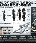 Chart showing rear shock sizes including 190mm rear shock absorber for full suspension mountain bike, 165mm, and 150mm options.