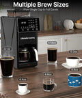 Compact Automatic Coffee Maker With Built In Grinder, Programmable Grind And Brew Kit, showcasing multiple brew sizes and coffee cups.
