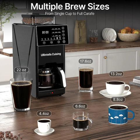 Compact Automatic Coffee Maker With Built In Grinder, Programmable Grind And Brew Kit, showcasing multiple brew sizes and coffee cups.