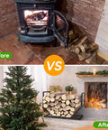 Before and after of Built Tough Dope Firewood Rack For Indoor And Outdoor Use 31 Inch Log Holder with firewood by fireplace