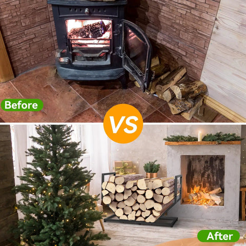 Before and after of Built Tough Dope Firewood Rack For Indoor And Outdoor Use 31 Inch Log Holder with firewood by fireplace