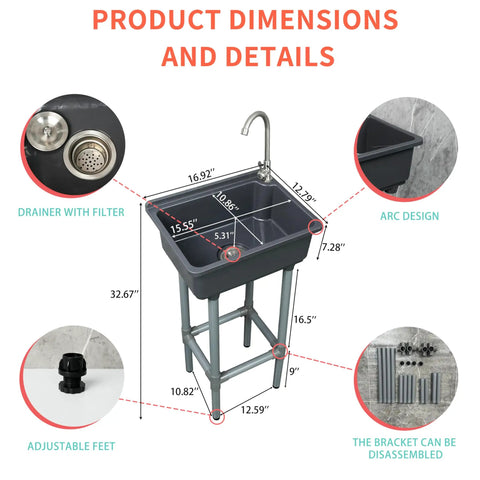 Easy Peasy Plastic Utility Sink Freestanding Laundry Tub 17 X 13 Inch Grey slop basin with drain and dimensions shown.