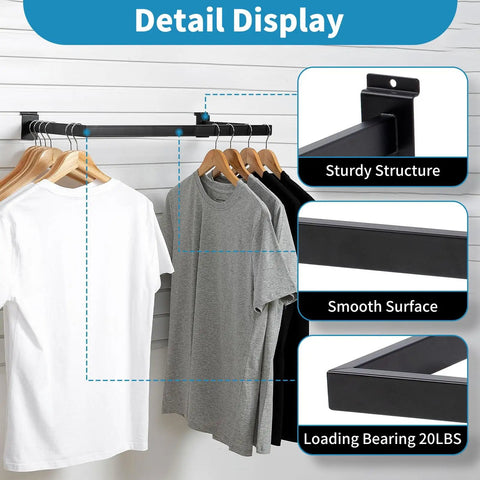Slatwall U Shaped Hangrail 24x12 Inch Tubing for retail displays and home garment storage, shown with clothes hanging on it.