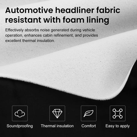 Close-up of Topfurn black suede headliner fabric with foam backing for automotive interior repair