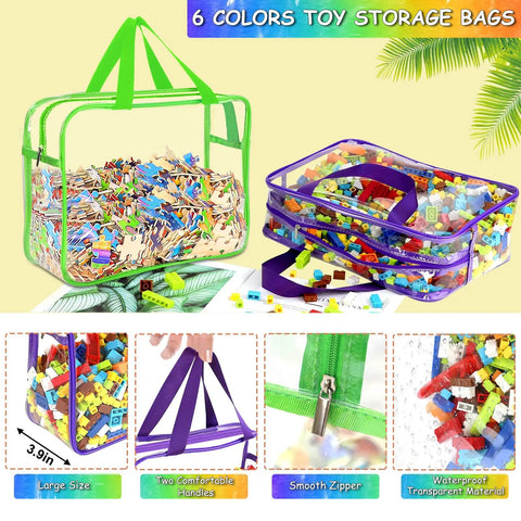 Image of Six Pack Large Clear Toy Storage Bags with Labels, Reusable PVC Organizer for Blocks Puzzles and Books in six colors.