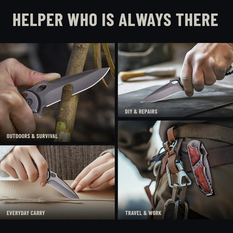Collage of Everyday Carry Folding Knife For Men With 5Cr15MoV Stainless Steel Blade And Wood Handle used in various outdoor tasks