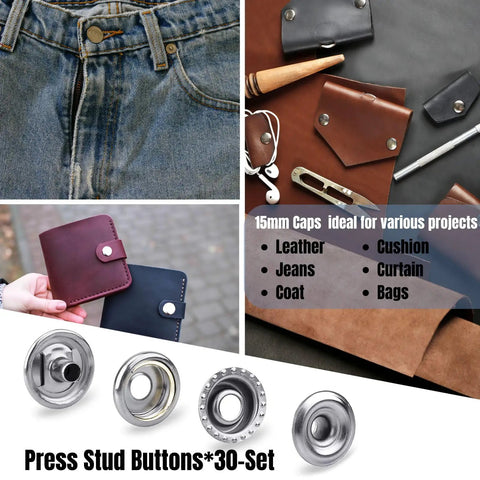 Stainless Steel Snaps Kit With 210 Pieces Marine Grade 15mm Snap Buttons, Screws And Press Studs for various fabrics and uses