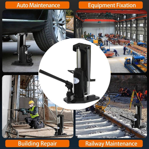 Dual-Function 2.5 Ton Toe Jack and 5 Ton Heavy-Duty Hydraulic Floor Jack With 2-In-1 Lifting, shown in various industrial settings