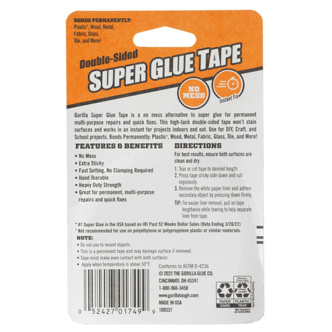 Back packaging of Heavy Duty Double Sided Glue Tape For Quick Fixes And Permanent Bonding, Multi Purpose Clear Tape Five Eighths Inch By Twenty Feet, High Tack No Mess Easy Tear Pack Of Two.