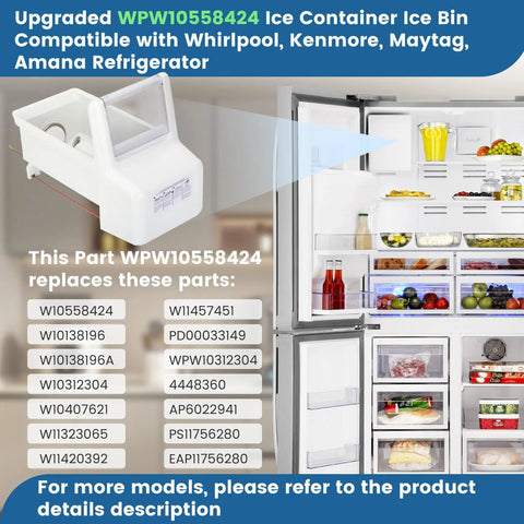 Ice Maker Replacement WPW10558424 Ice Bucket Assembly for Kenmore Maytag Amana Refrigerators next to open fridge