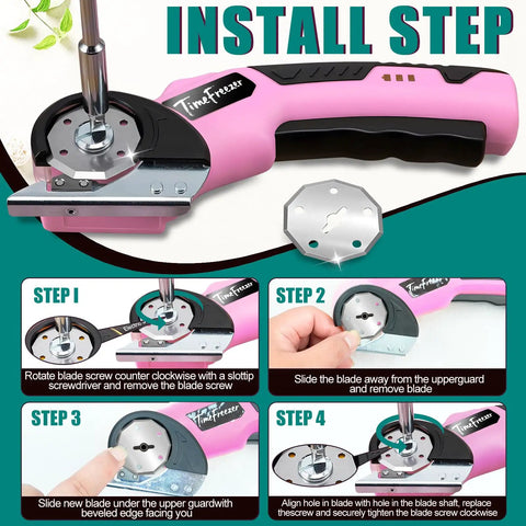 Heavy Duty 4V Electric Cardboard Cutter With Bright Led Light, ergonomic handle with installation steps for easy blade replacement.