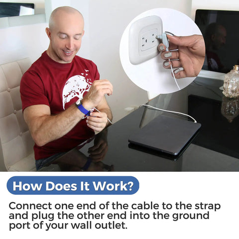 Person using EMF Shield Grounding Kit with 2 cords and 2 wrist straps; attaching cord to wall outlet and wrist strap at home.