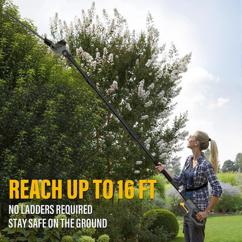 Person using Pro Grade 2 In 1 Cordless Pole Saw And Hedge Trimmer With 18 Inch Dual Action Blade And 8 Inch Pole Saw Attachment up to 16 ft