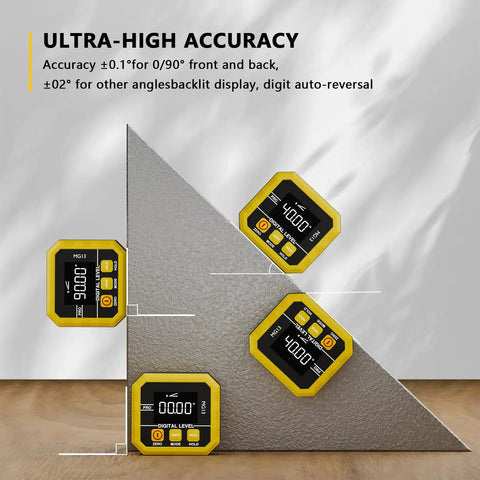 Heavy Duty Digital Angle Finder Magnetic Inclinometer With Fast USB Charging Built For Pros And Weekend Warriors Who Demand Flawless Layouts And Easy Electronic Level Use Every Single Time on a metal triangle with multiple angles displayed.