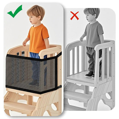 Child using Double Layer Safety Net For Toddler Standing Tower And Foldable Learning Step Stool with dense mesh in color.