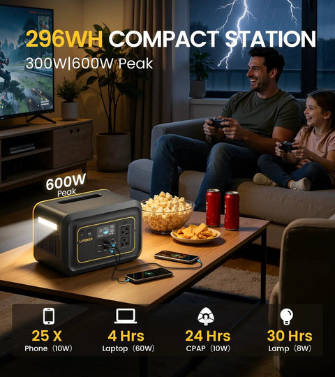 Family using On The Go Portable Power Station 296Wh Backup Battery With 20ms UPS 300W Pure Sine Wave AC Outlet indoors during storm.