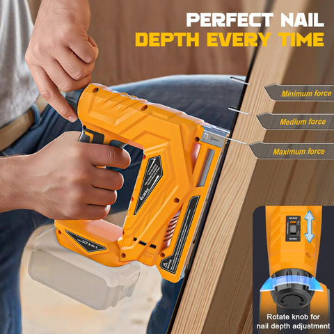 Slick Cordless Brad Nailer And T50 Stapler Compatible With Dewalt 20V Battery for wood depth adjustment in woodworking project.