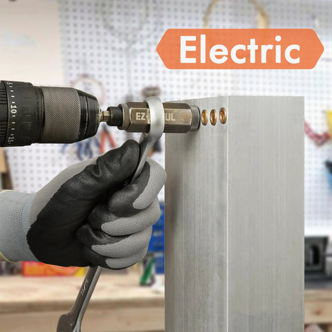 Rivet nut installation tool in use; drill driving zinc-plated rivnut into metal panel, gloved hand