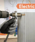 Worker using Premium Quality Straight Up Heavy Duty Hand Rivet Nut Installation Kit with electric drill on aluminum frame.