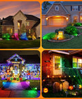 Color Changing Solar Lights Outdoor Waterproof Multicolor RGB With Auto On Off 7 Lighting Modes For Garden Decor Backyard Ambience And Yard Vibes 2 Pack illuminating various house exteriors with vibrant colors.