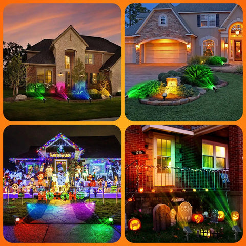 Color Changing Solar Lights Outdoor Waterproof Multicolor RGB With Auto On Off 7 Lighting Modes For Garden Decor Backyard Ambience And Yard Vibes 2 Pack illuminating various house exteriors with vibrant colors.