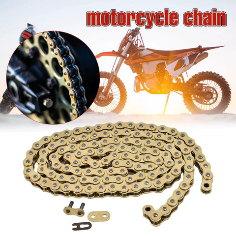 Beefed Up Drive Chain And Sprocket Kit For Honda CRF50F 2004 Through 2026, gold finish chain with master link on dirt bike
