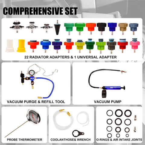 Boss Level 33 Piece Coolant Pressure Tester Kit And Vacuum Refill Tool includes radiator adapters, a vacuum pump, and accessories.