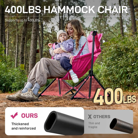 Woman with child in pink Padded Oversized Hammock Camping Chair With Multi Storage Pockets, outdoor setting, supports up to 400 pounds