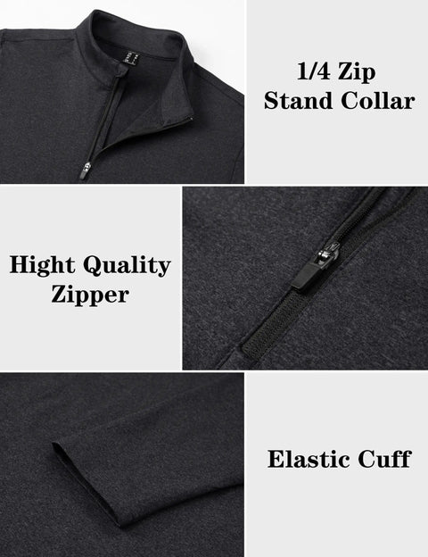 Mens Quarter Zip Fleece Pullover Long Sleeve Thermal Sweatshirt Black with soft fleece liner showcasing collar, zipper and cuff details.