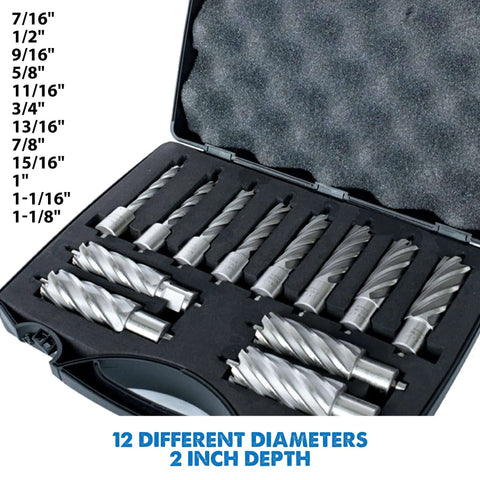 Evolution annular cutter kit for magnetic drills, 12 cutters, diameters 7/16 to 1-1/8 in, 2 in depth, carry case