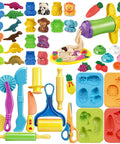 Kids 31 Piece Dough Tools Set with rolling pins, spaghetti maker machine, clay accessories, and 3D dino animal fruit molds.
