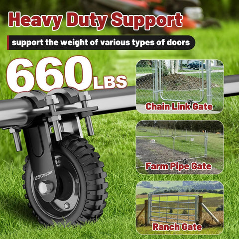 Heavy Duty Gate Wheel For Metal Gates And Fences, Eight Inch Gate Caster Fits One And A Quarter To Two And A Quarter Inch Outer Diameter, Anti Slip Rubber Tread, Galvanized Wheel Surface For Corrosion Resistance, 550 Lb Capacity, Black, One Pack.