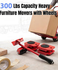 Heavy Duty Furniture Dollies Set With Lever And Four Sliders supports up to 300 lbs, showing dolly tools and box in use.