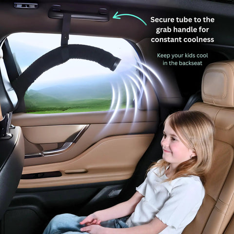 Backseat Breeze Extender For Car AC Vent installed, directs cool air to kids, 10 ft reach, keeps passengers comfy on long rides