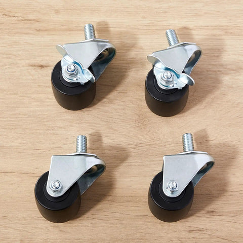 Heavy Duty Two Inch Low Profile Refrigerator Caster Wheels Set Of Eight With Half Inch Thirteen Stems plus black swivel wheels and metal fittings.