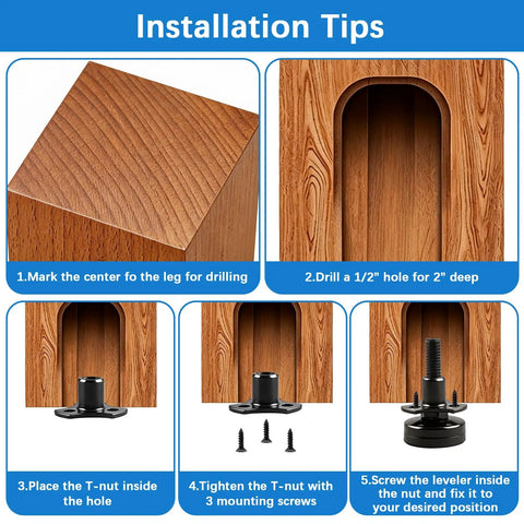 Installation tips for Heavy Duty Furniture Levelers 12 Pack Adjustable Leveling Feet With T Nut Kit for tables and cabinets.
