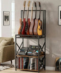 Show Off Your Sweet Guitar Collection With This Super Cool 3 Tier Music Stand. Holds Five Strummers Safe And Sound. Sturdy metal music rack with guitars and vinyl records.