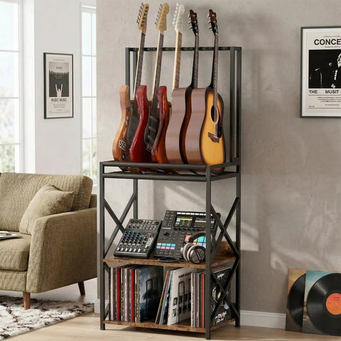 Show Off Your Sweet Guitar Collection With This Super Cool 3 Tier Music Stand. Holds Five Strummers Safe And Sound. Sturdy metal music rack with guitars and vinyl records.