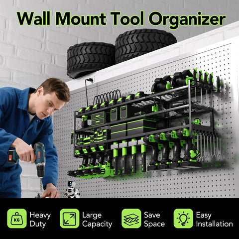 Power Tool Wall Mount Organizer With Charging Station And 8 Outlet Strip Heavy Duty Garage Drill Rack installed on wall