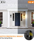 Half-day half-night effect with Dusk to Dawn Outdoor Wall Lights With Water Ripple Glass Waterproof Lanterns illuminating porch.
