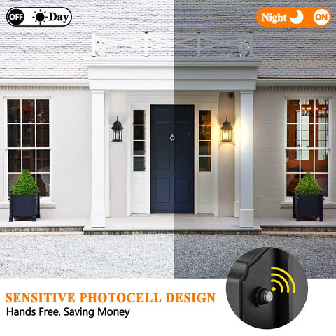 Half-day half-night effect with Dusk to Dawn Outdoor Wall Lights With Water Ripple Glass Waterproof Lanterns illuminating porch.