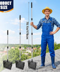 Flex Grip Roof Cleanup Shovel With Segmented Adjustable Pole No Sweat Sweep For Loose Asphalt Shingles Gutter Gunk And Big Backyard Trash Jobs Plus Heavy Duty Extension Tubes next to sizes on a rooftop.