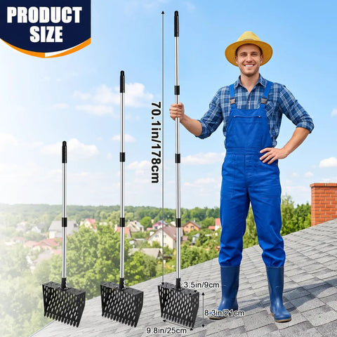 Flex Grip Roof Cleanup Shovel With Segmented Adjustable Pole No Sweat Sweep For Loose Asphalt Shingles Gutter Gunk And Big Backyard Trash Jobs Plus Heavy Duty Extension Tubes next to sizes on a rooftop.