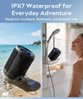 Rugged Portable Bluetooth Speaker With 20W Loud Stereo Sound IPX7 Waterproof 15 Hour Battery Beat Synced RGB Lights in shower and beach settings.