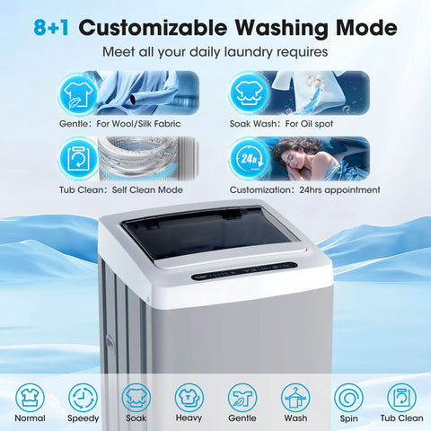 Fully Automatic Portable Washing Machine With 20 Pound Capacity And Ten Custom Wash Programs, Compact Apartment Laundry Station with customizable washing modes.