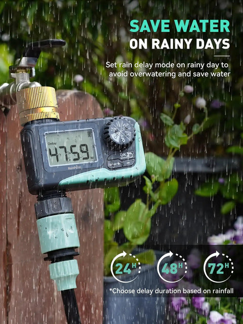 Brass Swivel Sprinkler Timer Set For Garden Hose, 2-Pack No-Fuss Programmable Hose Timer With Rain Delay And Manual Watering, Digital Lawn Irrigation System With 1 Outlet in use, showing digital display in rain setting.