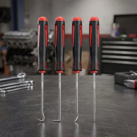 Pro Grade 4 Piece Lock Pick And Hook Tool Set With Comfort Grip for Auto Repair on a workbench, showing ergonomic handles.