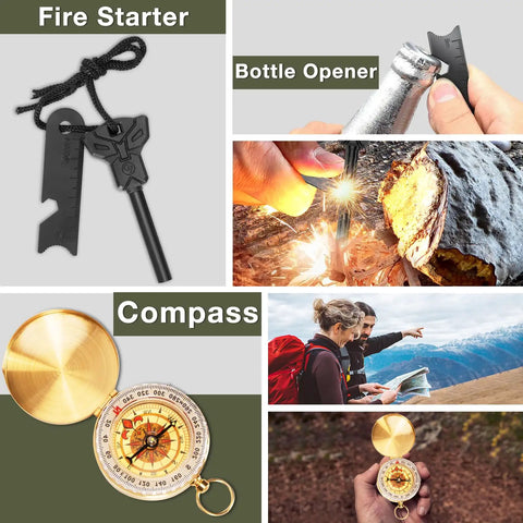 19 Piece Survival Kit For Outdoors Lovers Dope Fishing And Hunting Gadgets Included Essential Hiking Camping Gear Emergency Prep Tools Ideal Gift For Men Dads Husbands Teens Perfect Christmas Or Birthday Present, showing fire starter, bottle opener, and compass in use.