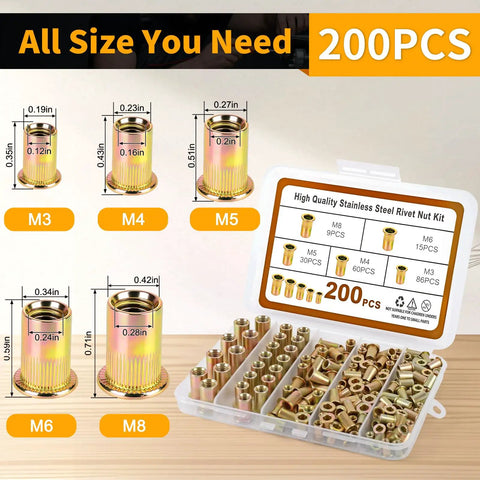 All In One Metric Rivet Nut Kit With 200 Pcs Carbon Steel Rivet Nuts M3 M4 M5 M6 M8 UNC Flat Head Nutserts With Knurled Deep Threads
