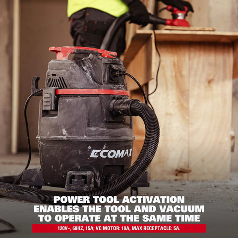 Dual-Mode Wet Dry Vacuum With Auto Tool Activation, 8 Gallon Workhorse, connected to a power tool in a workshop setting.